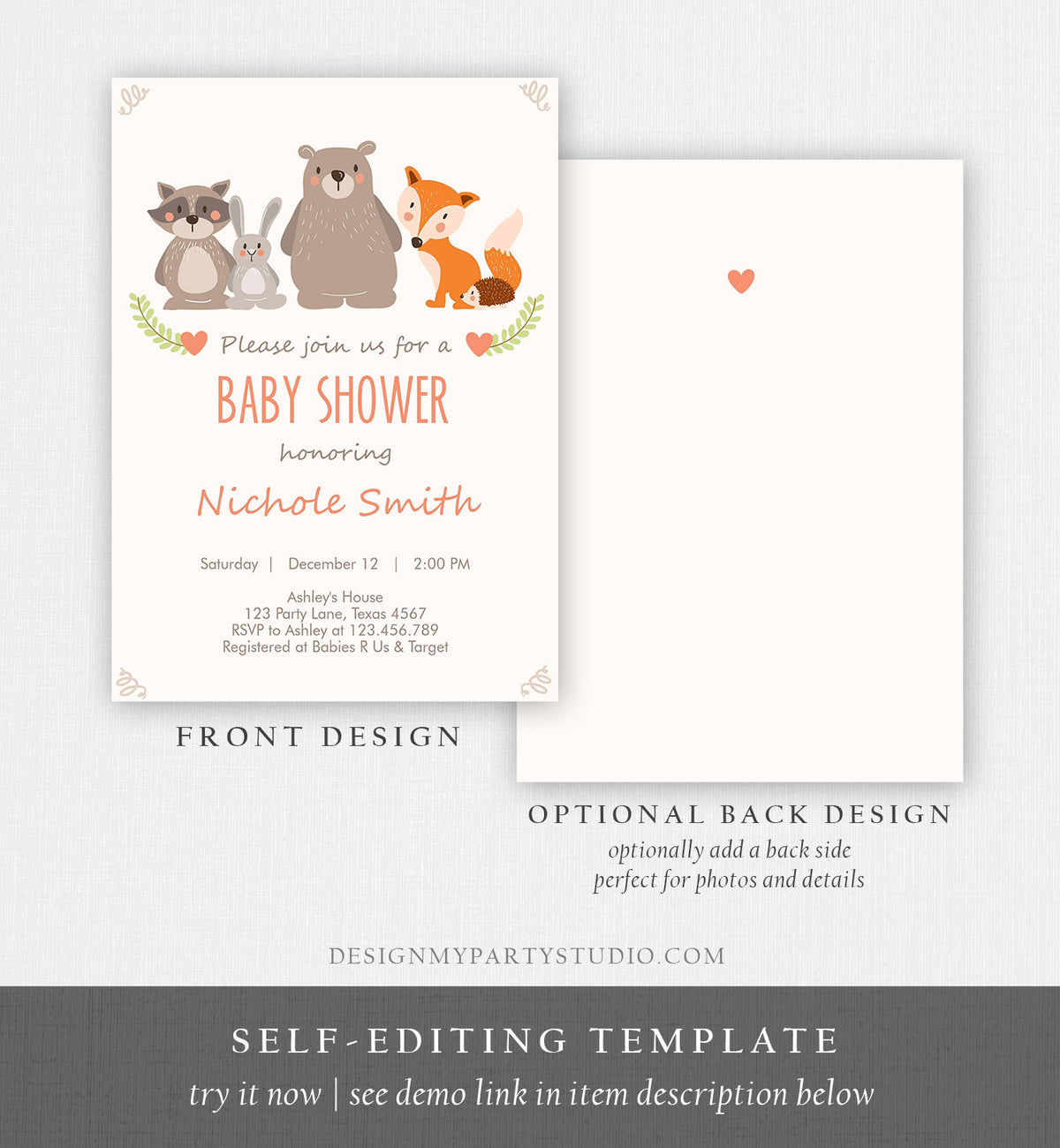 Editable Baby shower invitation Woodland Forest Animals Cute Animals Gender Neutral Bear Fox Invitation Template Download Digital Corjl 0010