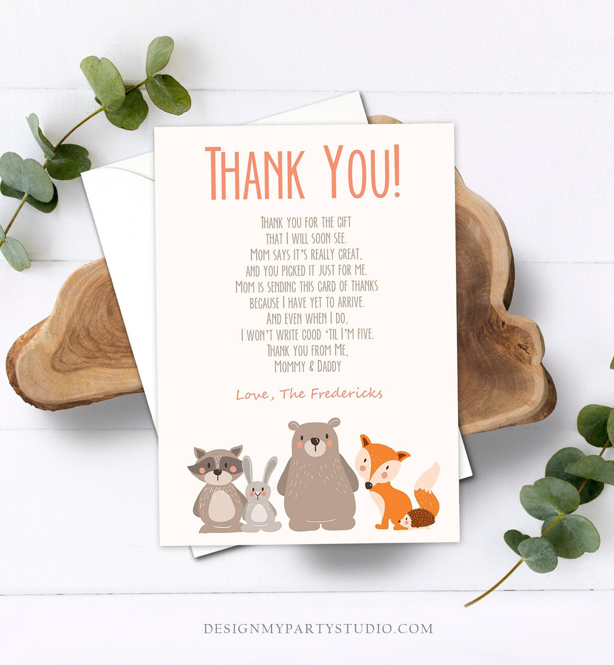 Editable Baby shower Thank you note Woodland Thank You Rustic Cute Animals Forest Gender Neutral Template Instant Download Corjl 0010