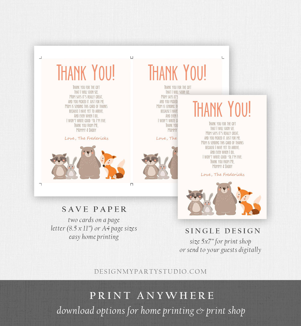 Editable Baby shower Thank you note Woodland Thank You Rustic Cute Animals Forest Gender Neutral Template Instant Download Corjl 0010