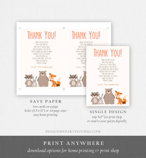 Editable Baby shower Thank you note Woodland Thank You Rustic Cute Animals Forest Gender Neutral Template Instant Download Corjl 0010