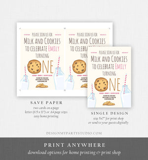 Editable Milk and Cookies Birthday Invitation Milk & Cookies Party Girl Birthday Pink First Birthday Printable Invite Template Corjl 0088