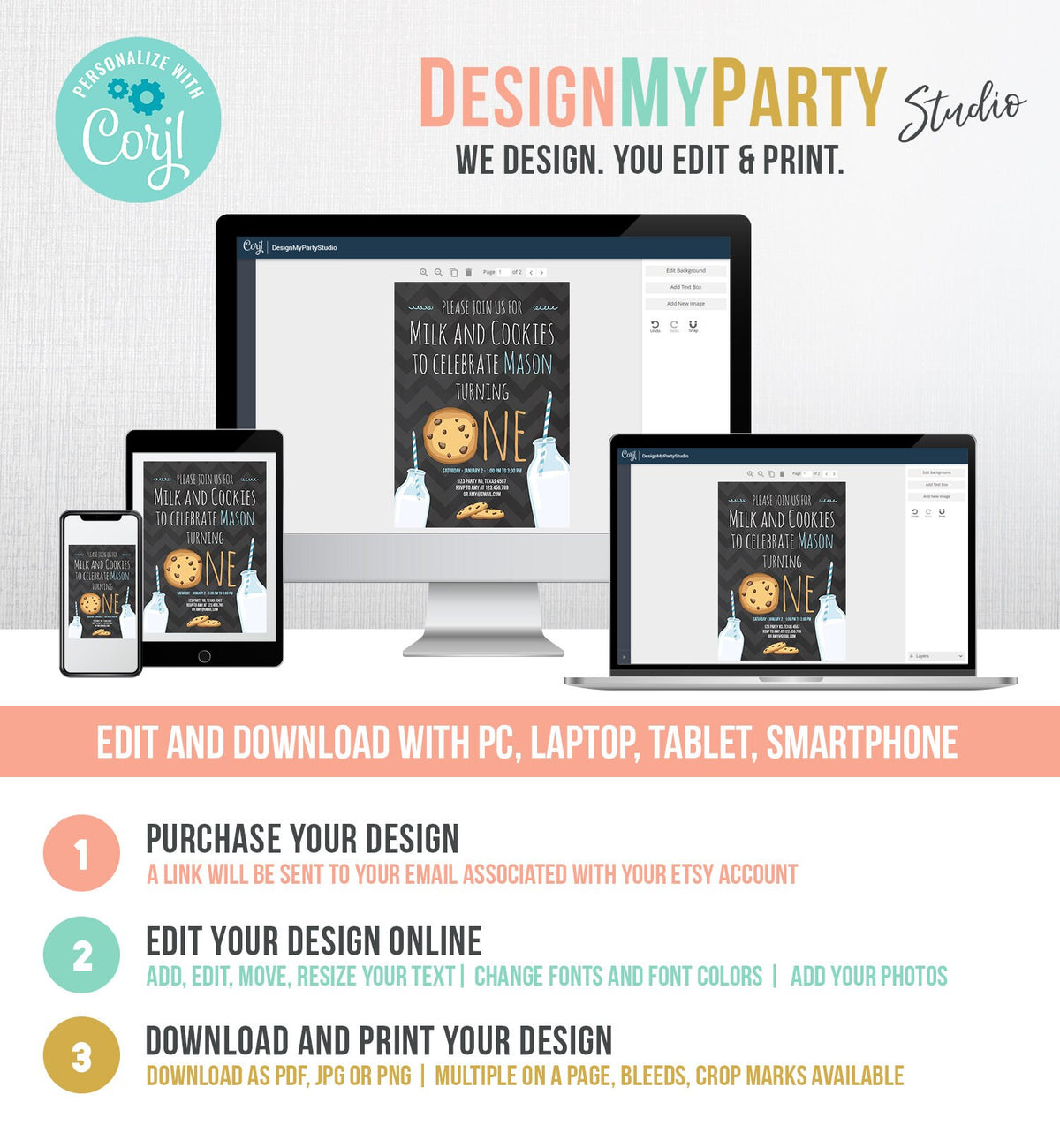 Editable Milk and Cookies Birthday Invitation Milk &amp; Cookies Party Boy Birthday Blue First Birthday Printable Invitation Template Corjl 0088