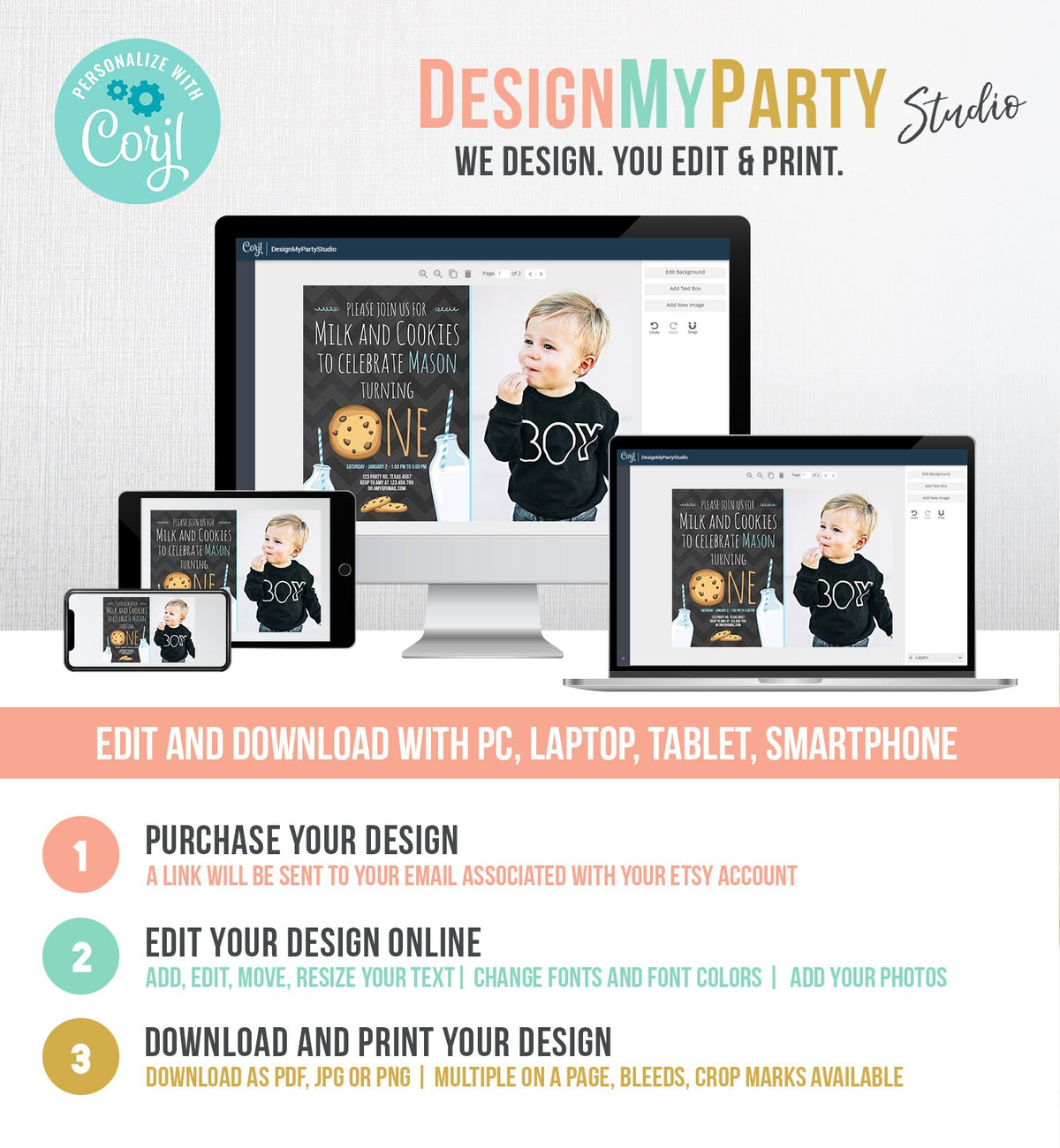 Editable Milk and Cookies Birthday Invitation Milk &amp; Cookies Party Boy Birthday Blue First Birthday Printable Invitation Template Corjl 0088