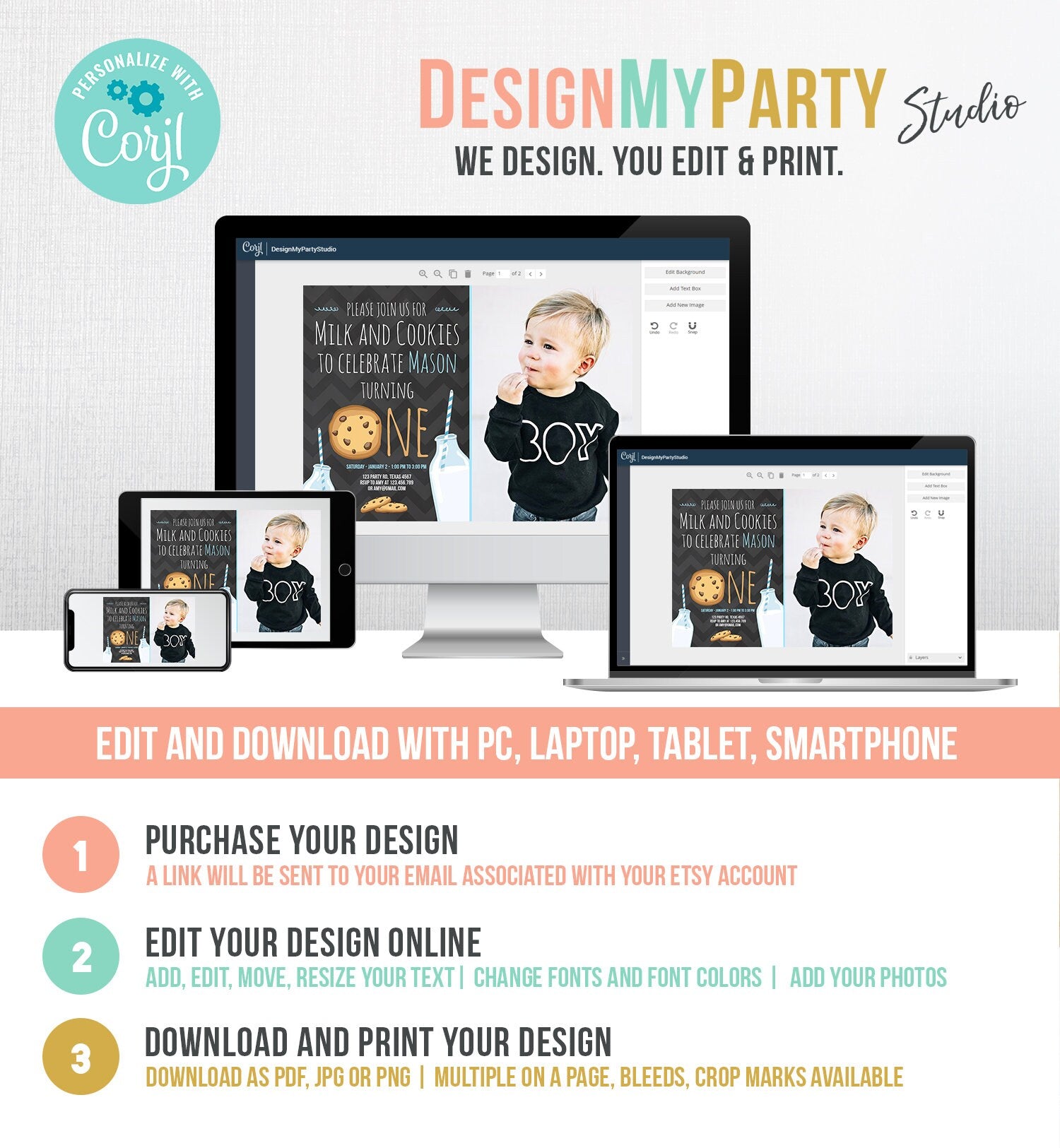 Editable Milk and Cookies Birthday Invitation Milk & Cookies Party Boy Birthday Blue First Birthday Printable Invitation Template Corjl 0088