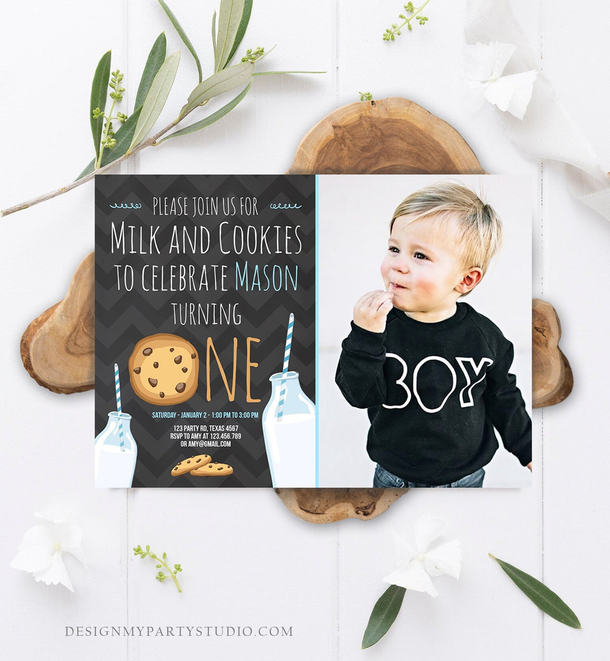 Editable Milk and Cookies Birthday Invitation Milk &amp; Cookies Party Boy Birthday Blue First Birthday Printable Invitation Template Corjl 0088