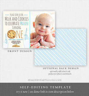 Editable Milk and Cookies Birthday Invitation Milk & Cookies Party Boy Birthday Blue First Birthday Printable Invitation Template Corjl 0088