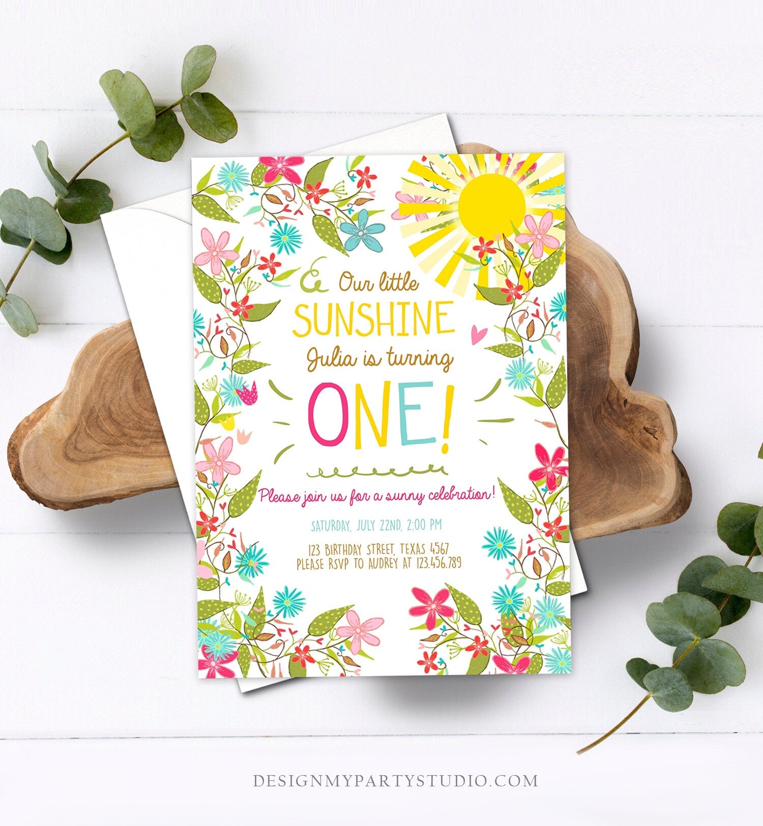 Editable Little Sunshine Birthday Invitation You Are My Sunshine Garden Girl Pink Floral Summer Download Printable Template Corjl 0213