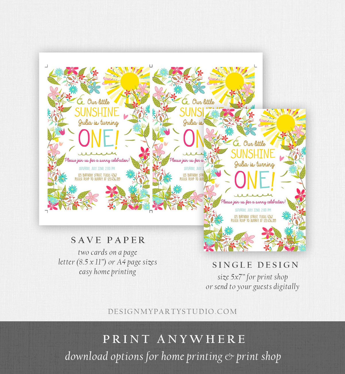 Editable Little Sunshine Birthday Invitation You Are My Sunshine Garden Girl Pink Floral Summer Download Printable Template Corjl 0213