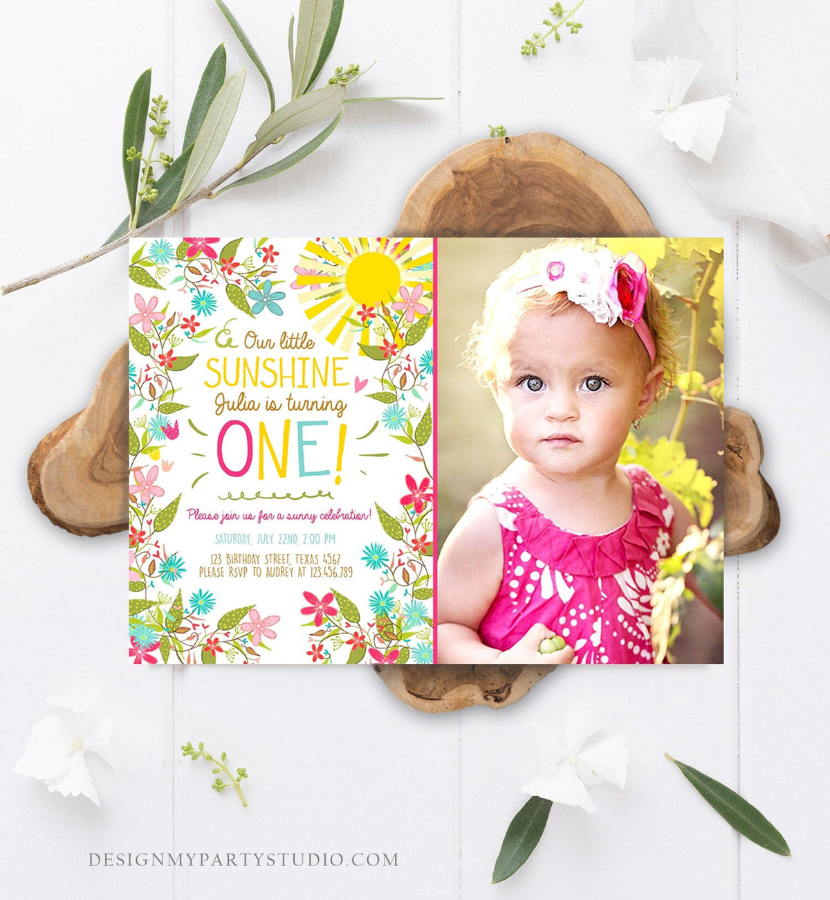 Editable Little Sunshine Birthday Invitation You Are My Sunshine Garden Girl Pink Summer ANY AGE Download Printable Template Corjl 0213