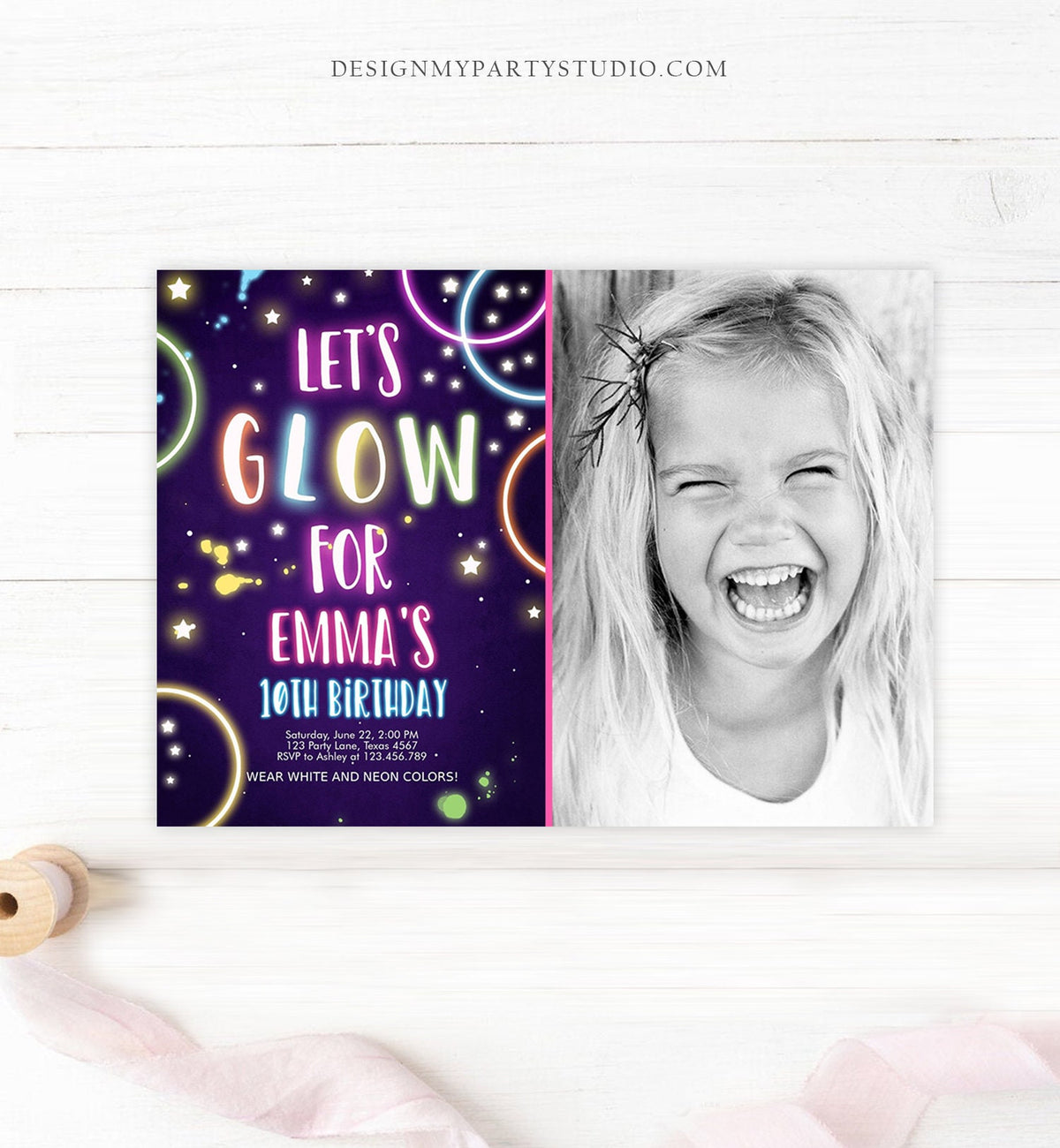 Editable Glow Birthday Invitation Glow Party Invite Neon Glow In The Dark Party Girls Teen Pink Download Printable Template Corjl 0172