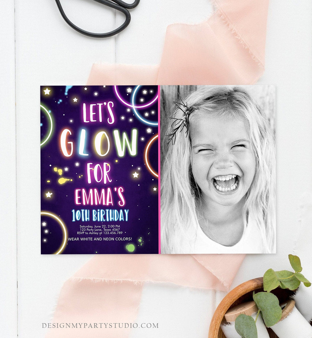Editable Glow Birthday Invitation Glow Party Invite Neon Glow In The Dark Party Girls Teen Pink Download Printable Template Corjl 0172