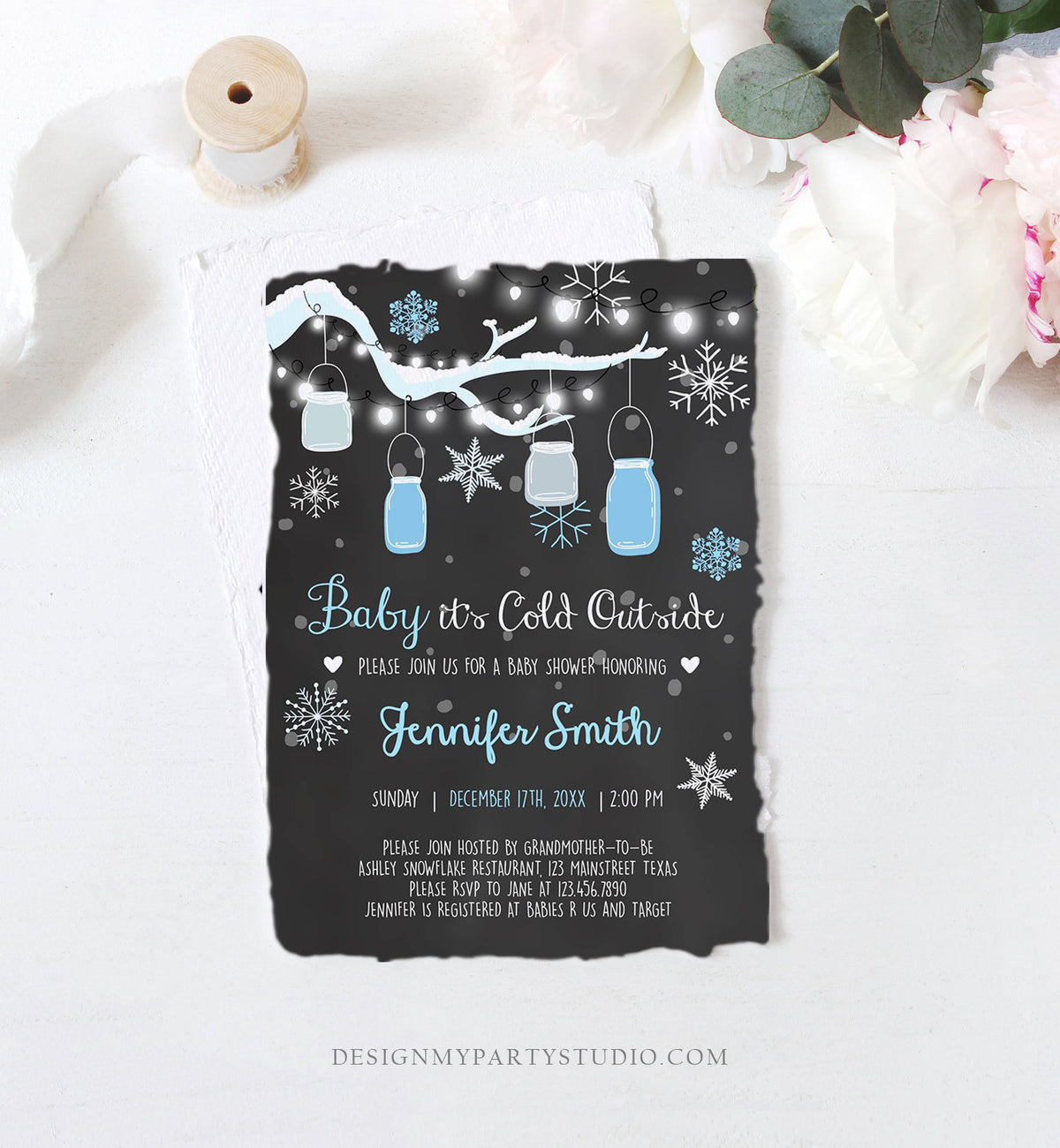 Editable Baby Its Cold Outside Baby Shower Invitation Mason Jars Blue Boy Shower Winter Snow Template Instant Download Digital Corjl 0012