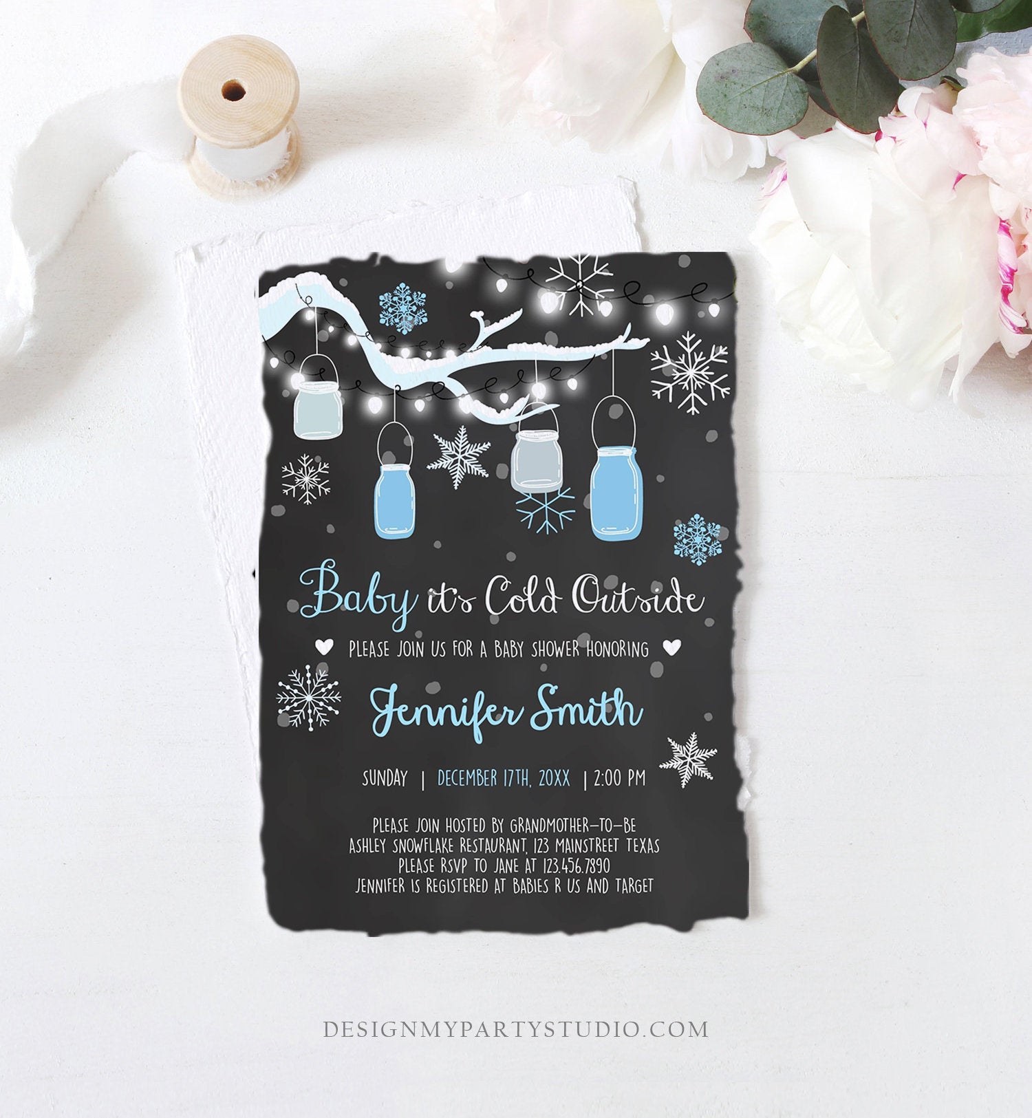 Editable Baby Its Cold Outside Baby Shower Invitation Mason Jars Blue Boy Shower Winter Snow Template Instant Download Digital Corjl 0012