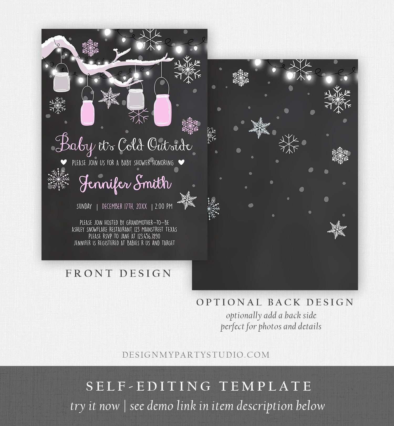 Editable Baby Its Cold Outside Baby Shower Invitation Mason Jars Pink Girl Shower Winter Snow Template Instant Download Digital Corjl 0012