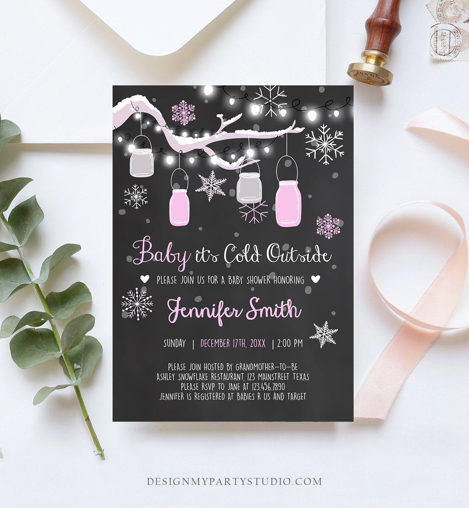 Editable Baby Its Cold Outside Baby Shower Invitation Mason Jars Pink Girl Shower Winter Snow Template Instant Download Digital Corjl 0012