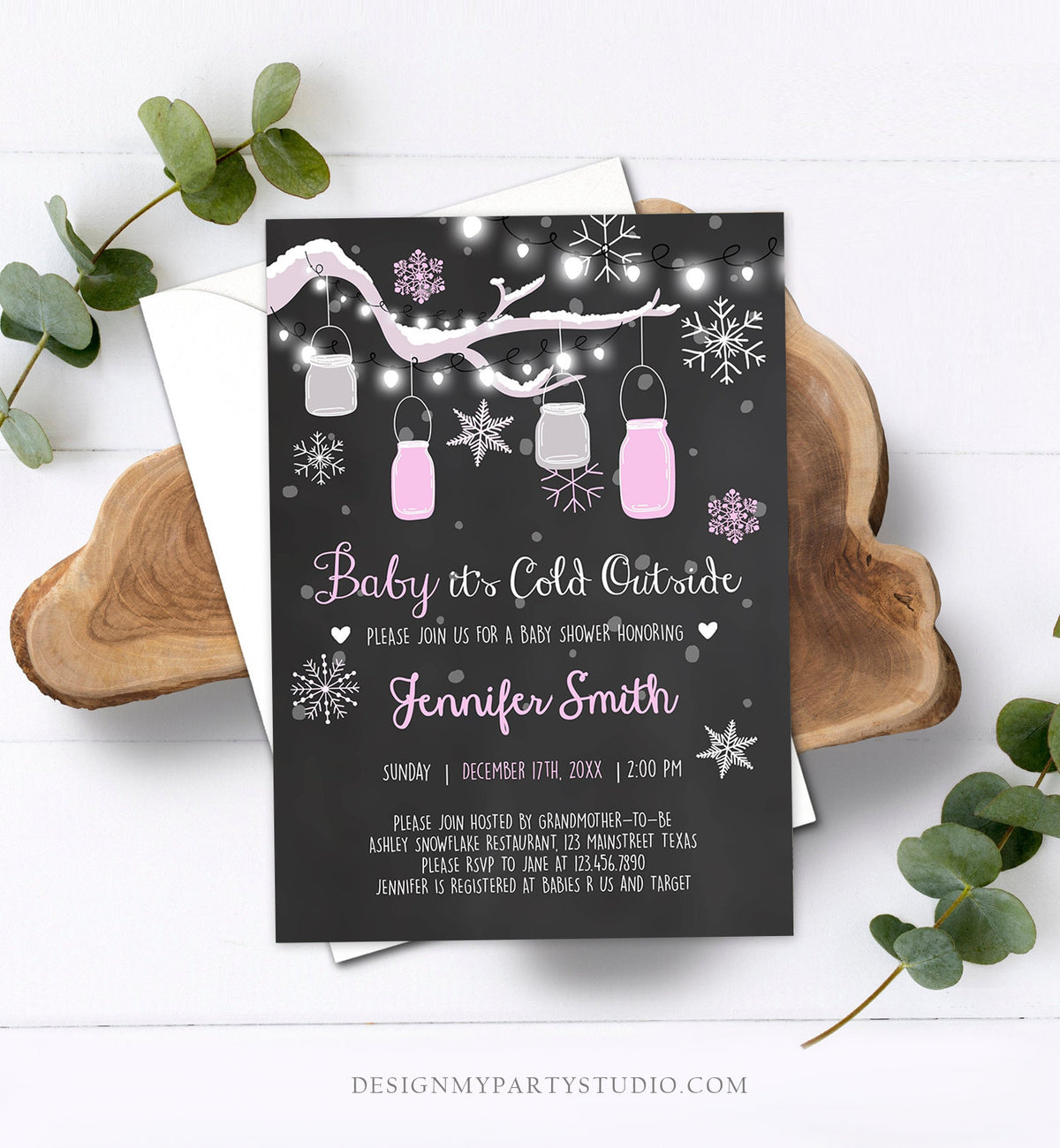 Editable Baby Its Cold Outside Baby Shower Invitation Mason Jars Pink Girl Shower Winter Snow Template Instant Download Digital Corjl 0012