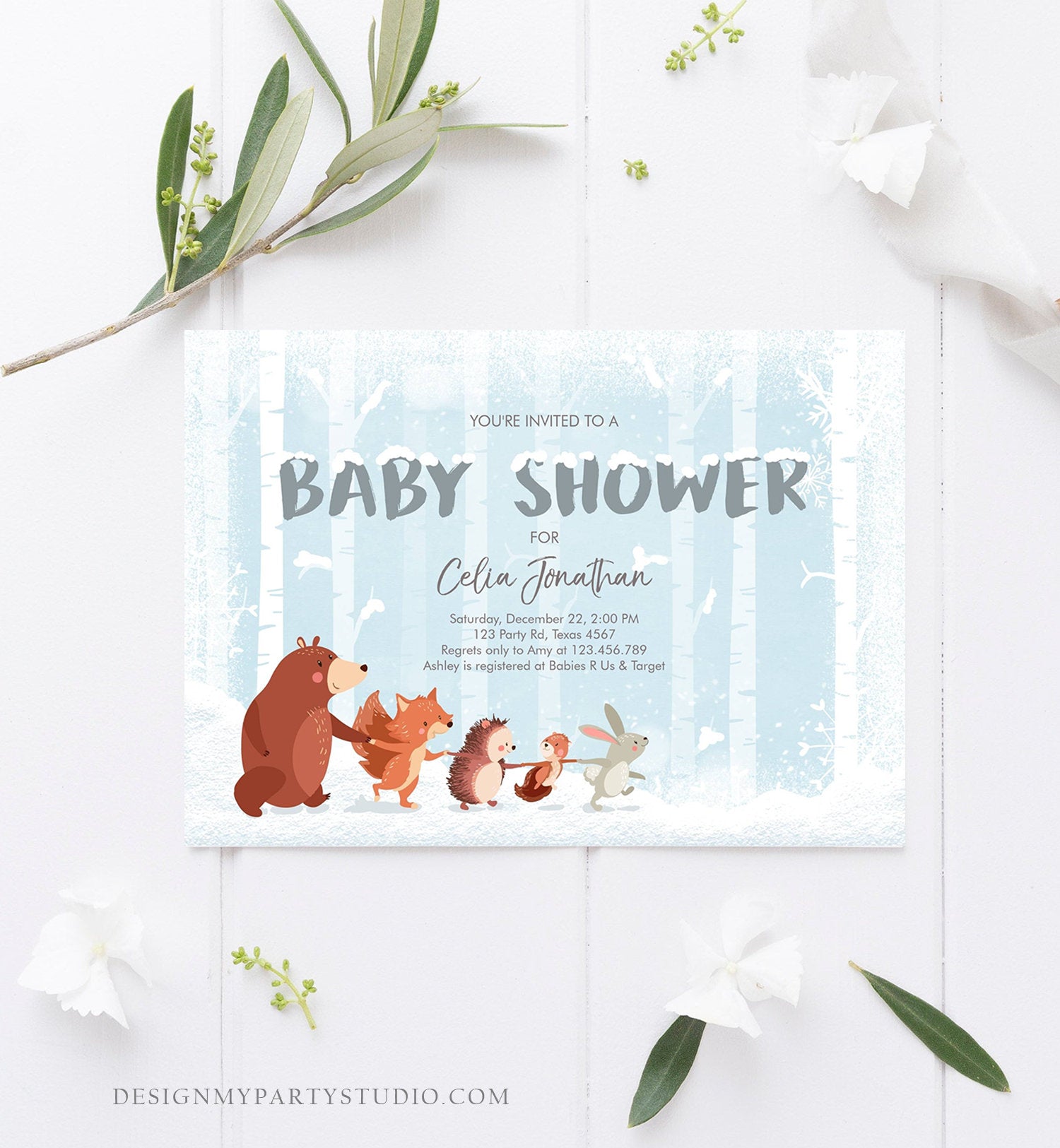 Editable Winter Woodland Baby shower invitation Boy Blue Forest Animals Bear Snowflakes Invite Rustic Template Download Digital Corjl 0040
