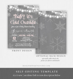 Editable Baby Its Cold Outside Baby Shower Invitation Girl Winter Pink Grey Snow Rustic Invite Template Instant Download Digital Corjl 0027