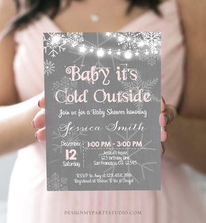 Editable Baby Its Cold Outside Baby Shower Invitation Girl Winter Pink Grey Snow Rustic Invite Template Instant Download Digital Corjl 0027