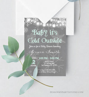 Editable Baby Its Cold Outside Baby Shower Invitation Mint Winter Gender Neutral Snow Rustic Invite Template Download Digital Corjl 0027