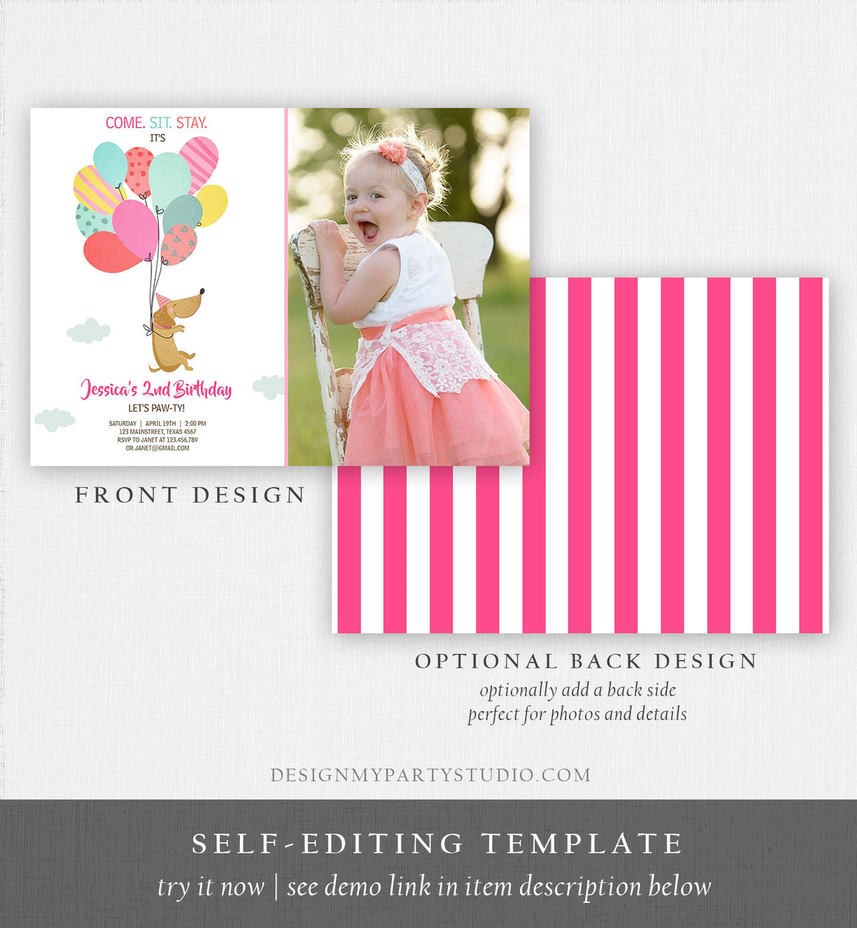 Editable Dog Invitation Dog Party Puppy Party Invite Dog Birthday paw-ty Invite Pink Girl Dog Theme Download Printable Template Corjl 0279