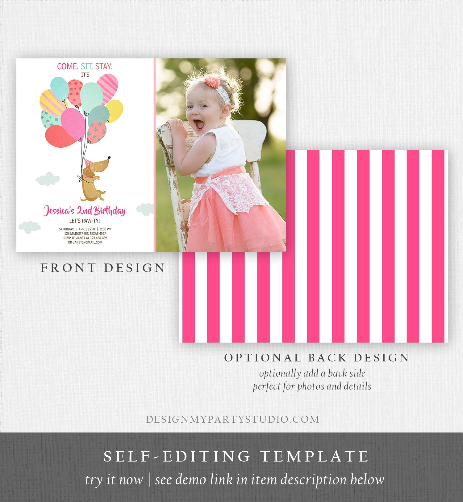 Editable Dog Invitation Dog Party Puppy Party Invite Dog Birthday paw-ty Invite Pink Girl Dog Theme Download Printable Template Corjl 0279