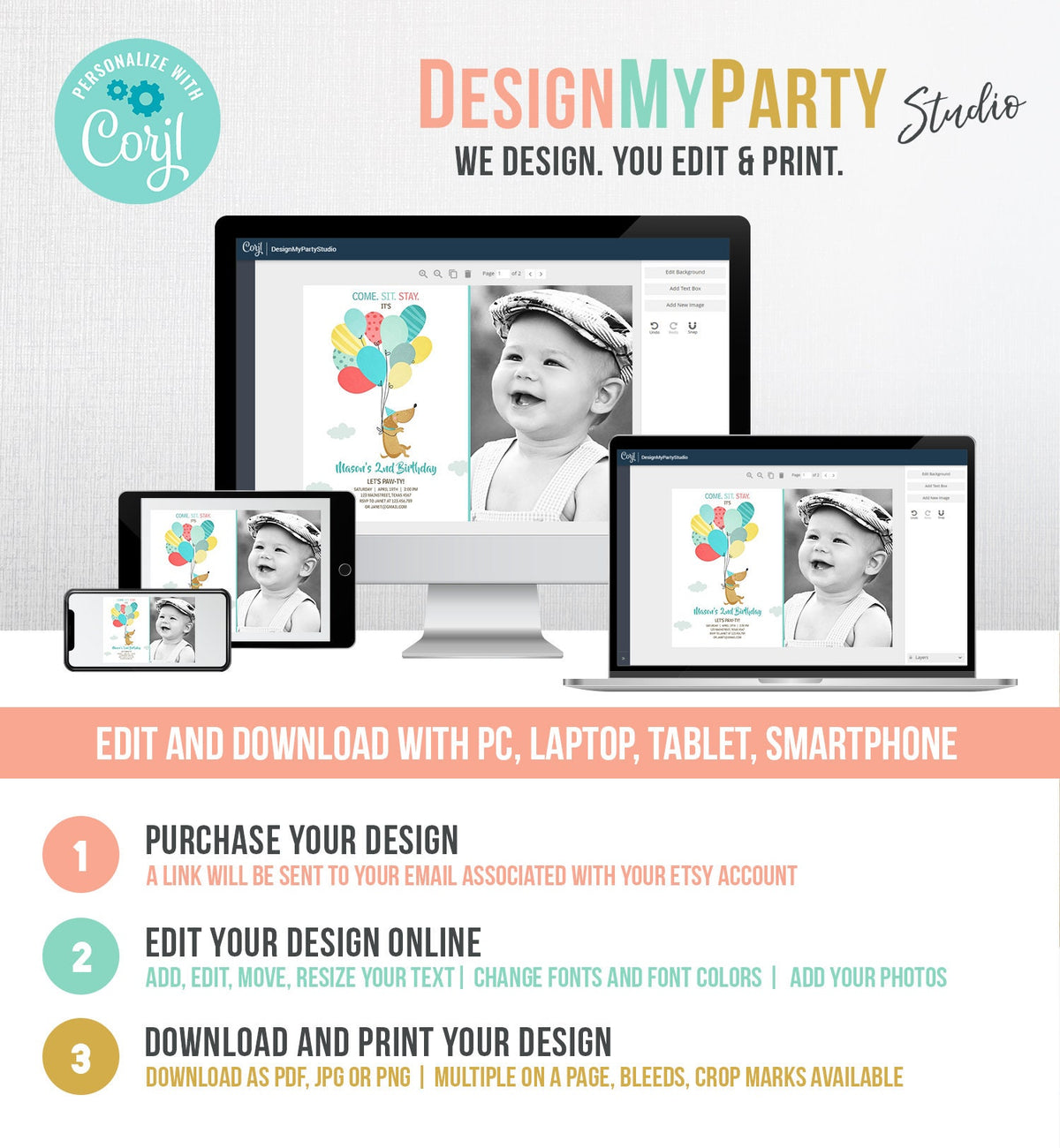 Editable Dog Invitation Dog Party Puppy Party Invite Dog Birthday paw-ty Invite Blue Boy Dog Theme Download Printable Template Corjl 0279