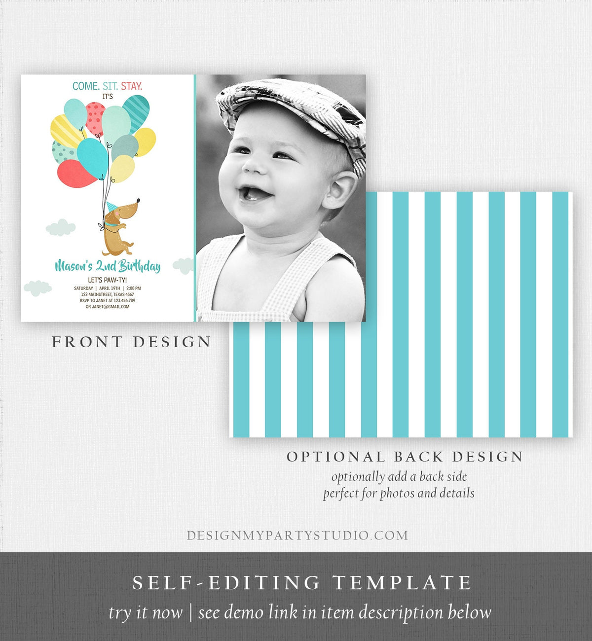 Editable Dog Invitation Dog Party Puppy Party Invite Dog Birthday paw-ty Invite Blue Boy Dog Theme Download Printable Template Corjl 0279