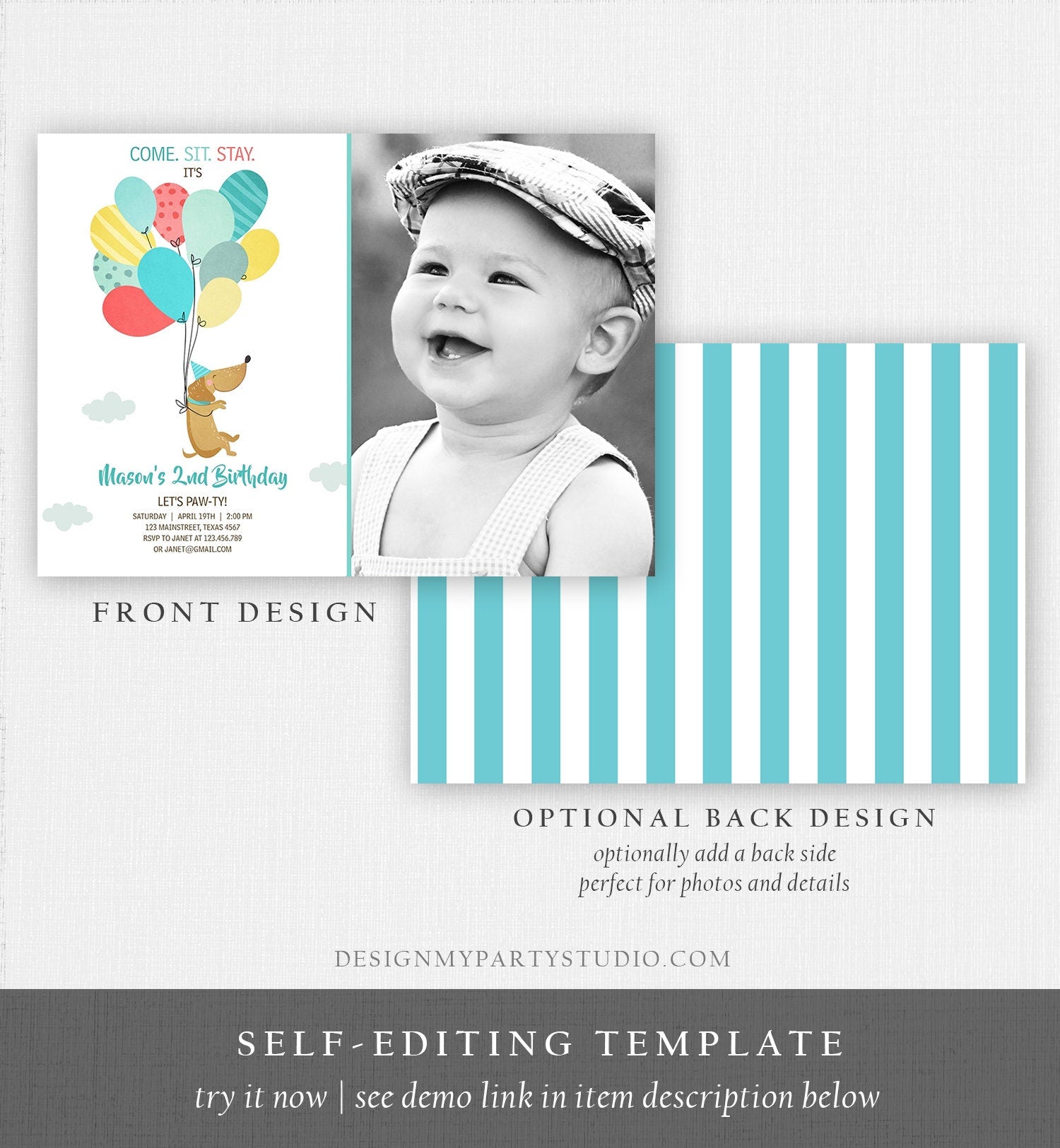 Editable Dog Invitation Dog Party Puppy Party Invite Dog Birthday paw-ty Invite Blue Boy Dog Theme Download Printable Template Corjl 0279