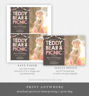 Editable Teddy Bear Picnic Birthday Invitation Pink Girl Brown Red Gingham Bear Picnic Outdoor Party Printable Digital Corjl Template 0100