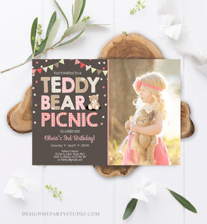 Editable Teddy Bear Picnic Birthday Invitation Pink Girl Brown Red Gingham Bear Picnic Outdoor Party Printable Digital Corjl Template 0100