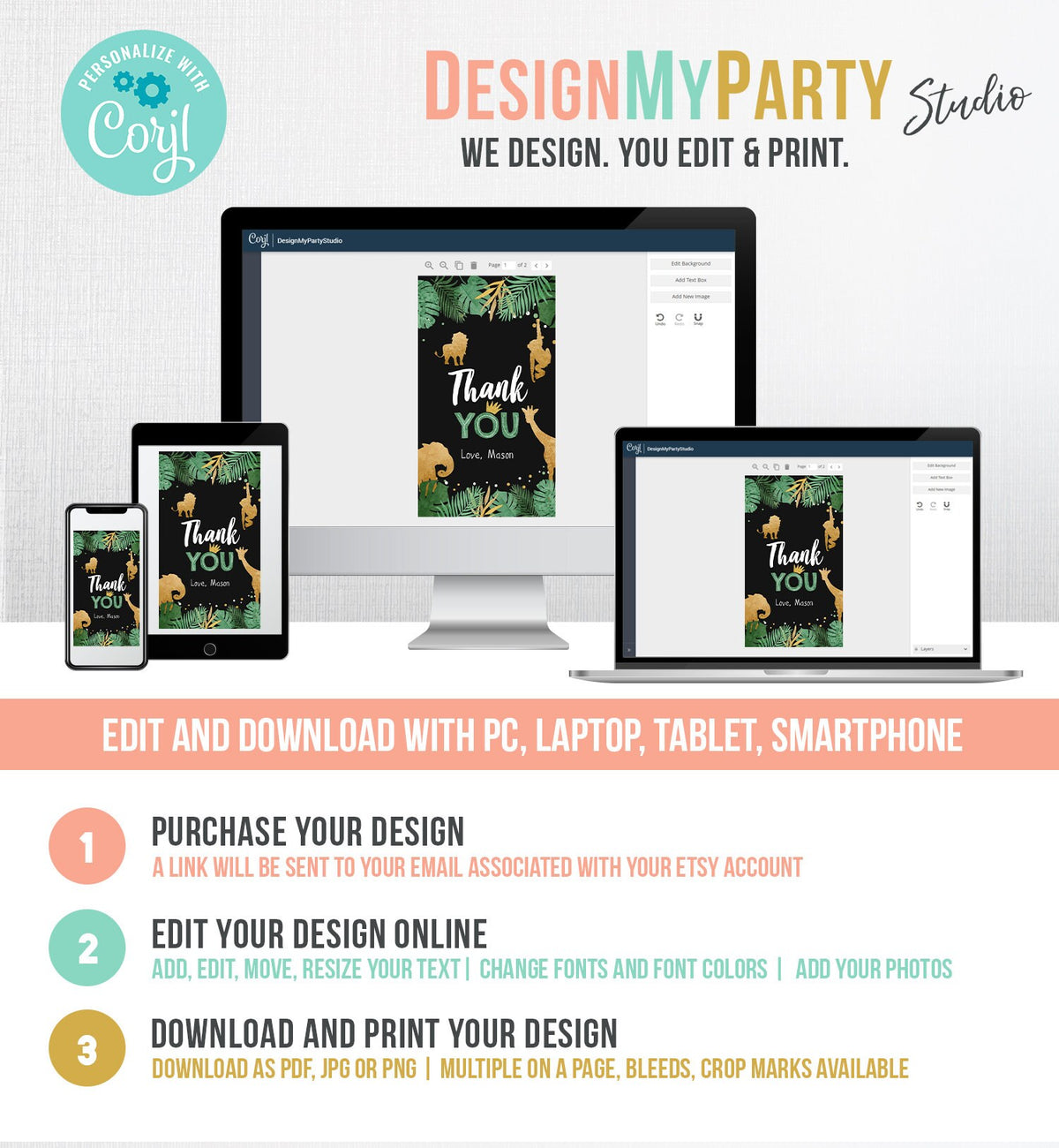 Editable Safari Animals Favor Tags Thank You Wild One Label Jungle Zoo Wild Animals Boy Green Gold Black Gift Download Corjl Template 0016