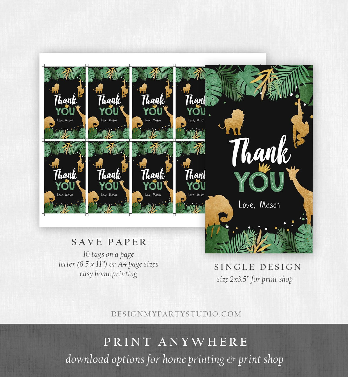 Editable Safari Animals Favor Tags Thank You Wild One Label Jungle Zoo Wild Animals Boy Green Gold Black Gift Download Corjl Template 0016