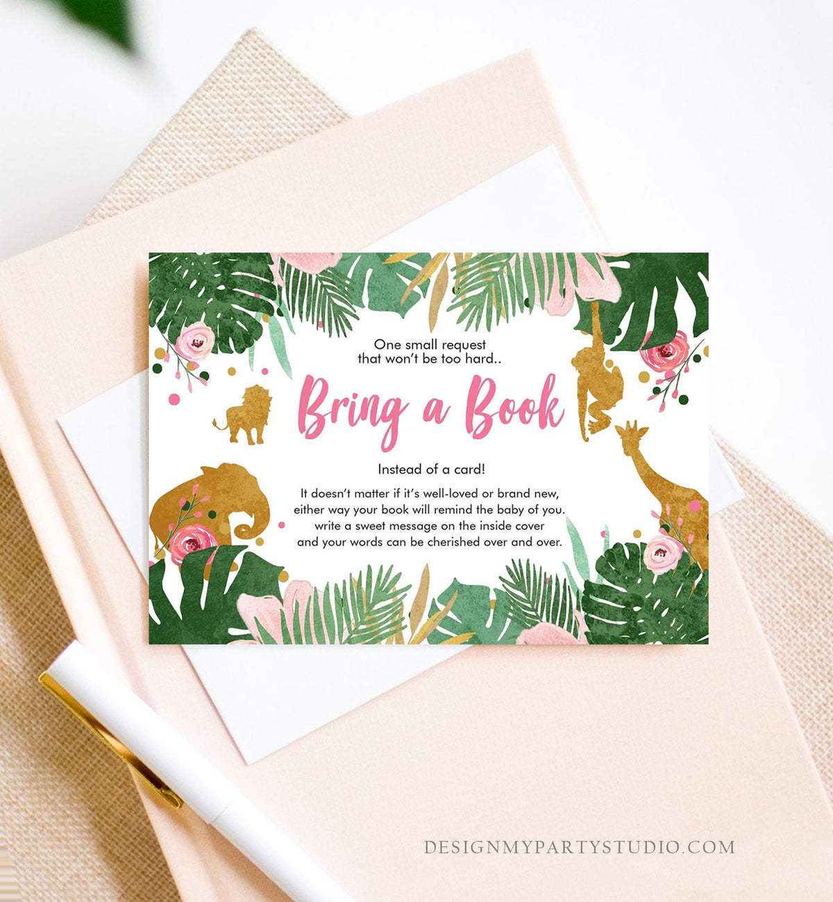 Editable Safari Animals Bring a Book Card Baby Shower Books for Baby Insert Wild One Pink Gold Jungle Zoo Corjl Template Printable 0016