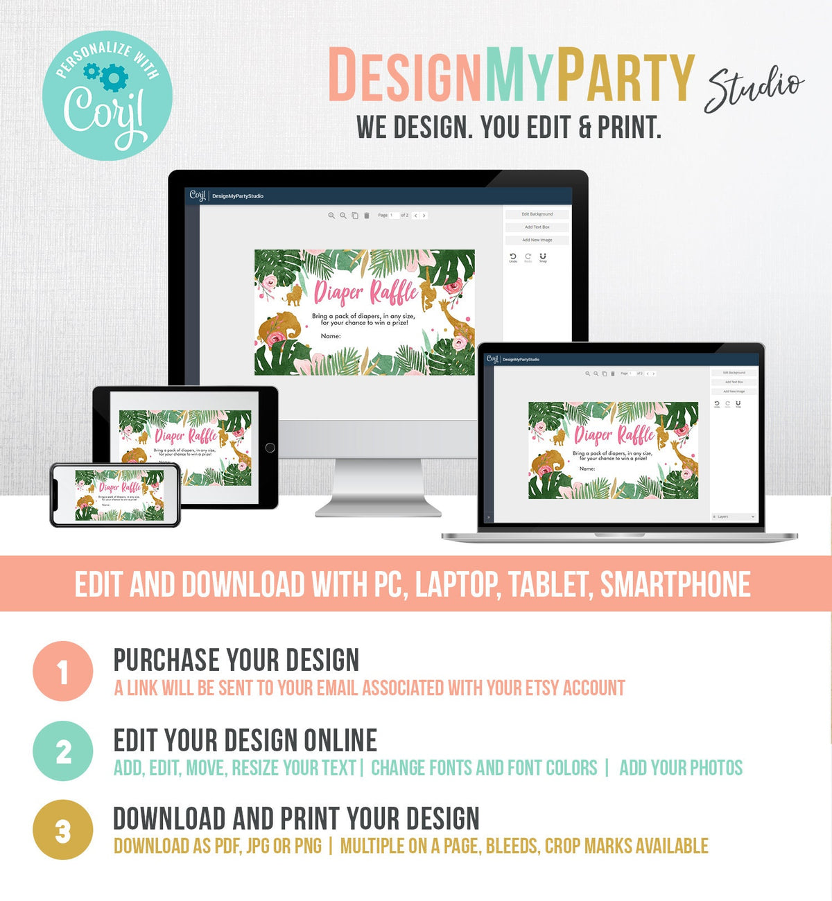 Editable Safari Animals Diaper Raffle Ticket Baby Shower Diaper Game Wild One Pink Gold Jungle Girl Animals Corjl Template Printable 0016