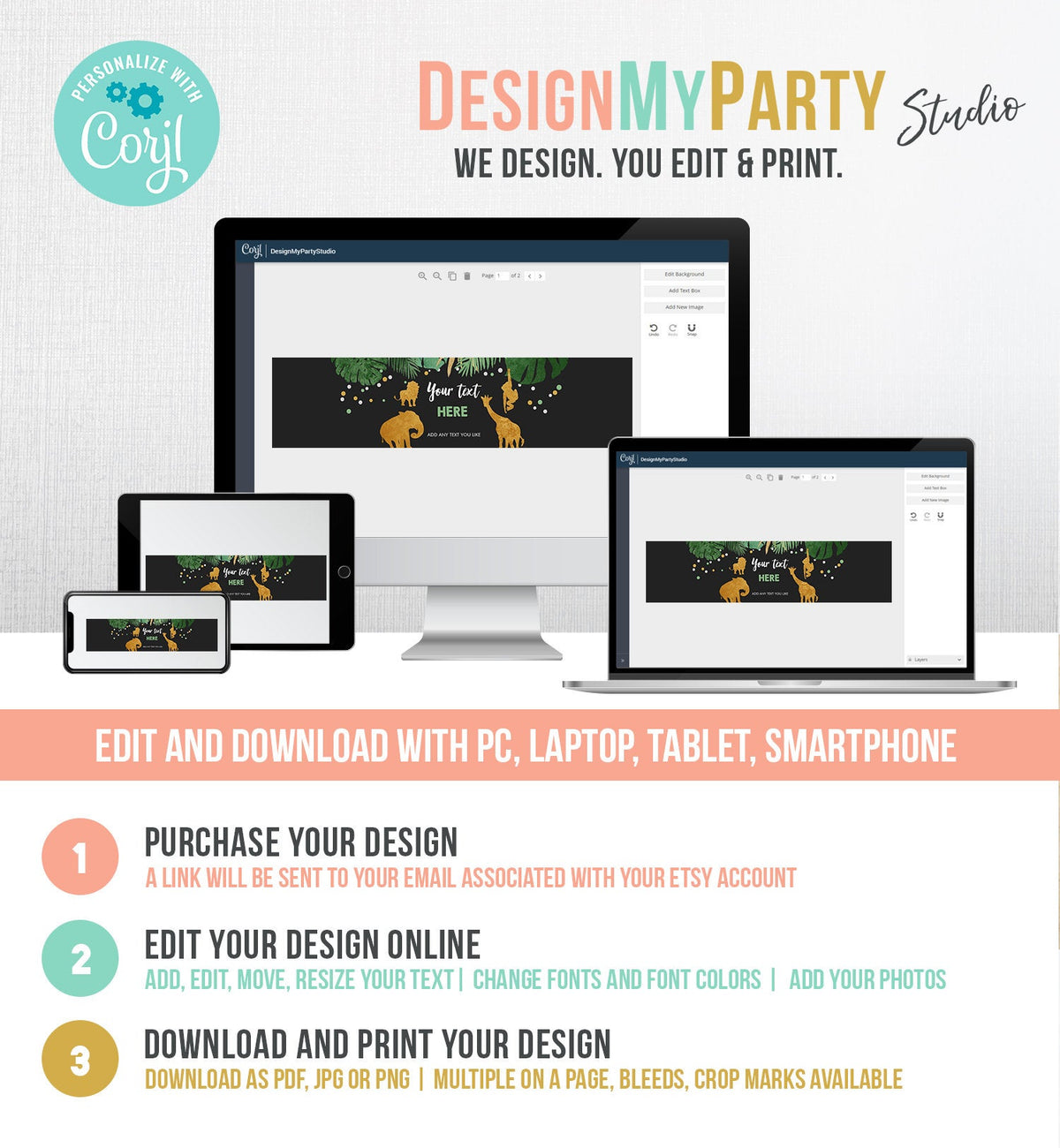 Editable Safari Animals Water Bottle Labels Birthday Wild One Decor Jungle Zoo Animals Boy Gold Green Labels Tropical Corjl Template 0016