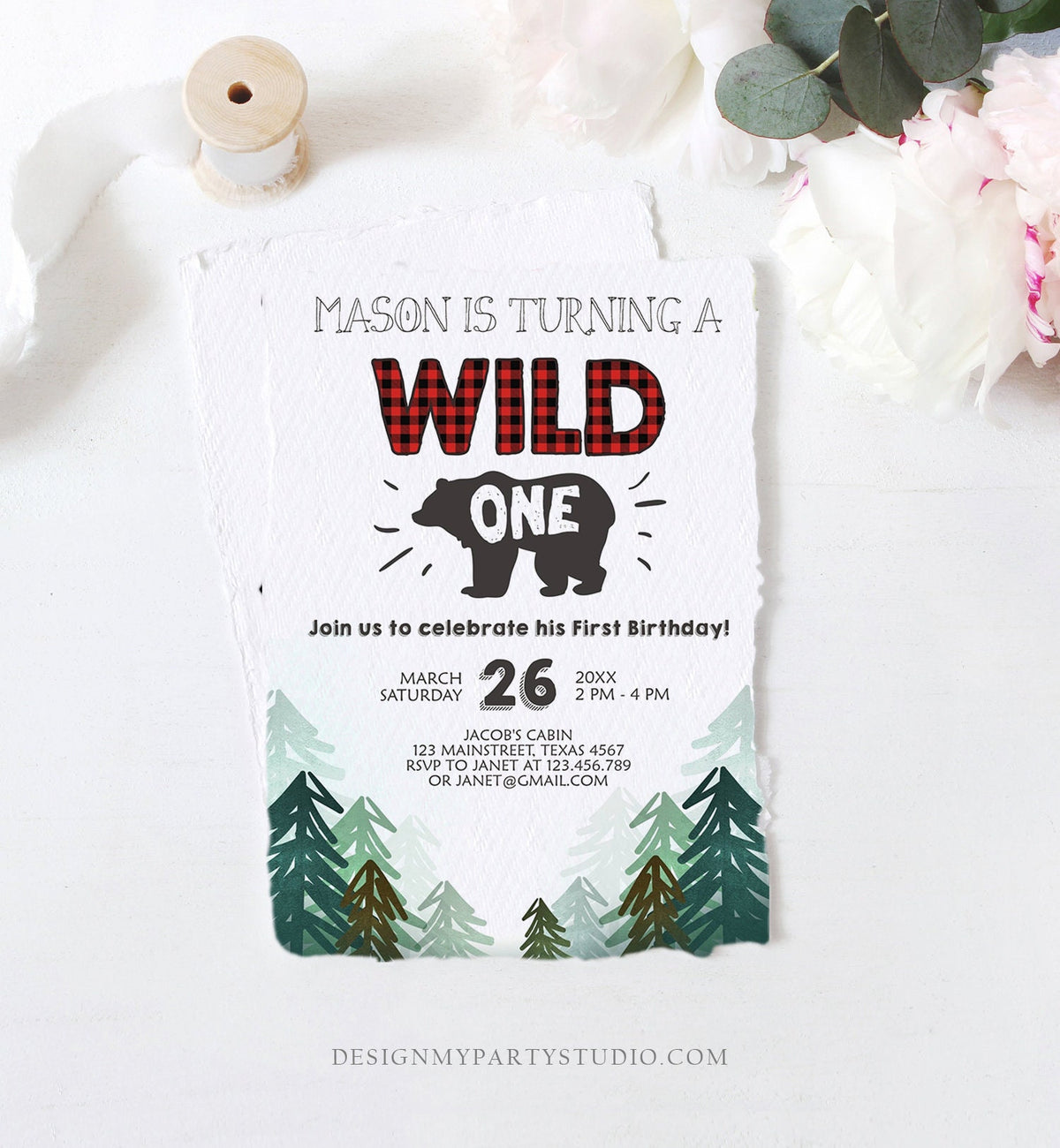 Editable Lumberjack Wild One Birthday Invitation First Birthday Forest Trees Red Plaid Outdoor Bear Boy 1st Printable Corjl Template 0377
