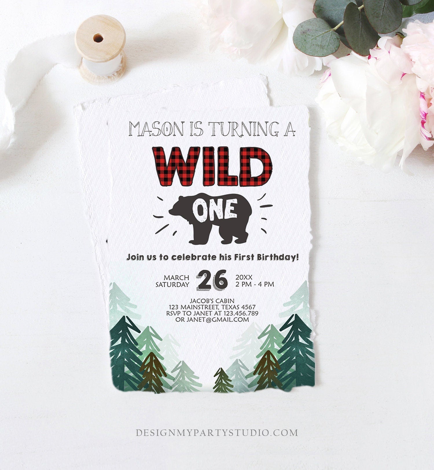 Editable Lumberjack Wild One Birthday Invitation First Birthday Forest Trees Red Plaid Outdoor Bear Boy 1st Printable Corjl Template 0377