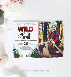 Editable Lumberjack Wild One Birthday Invitation First Birthday Forest Trees Red Plaid Outdoor Bear Boy 1st Printable Corjl Template 0377