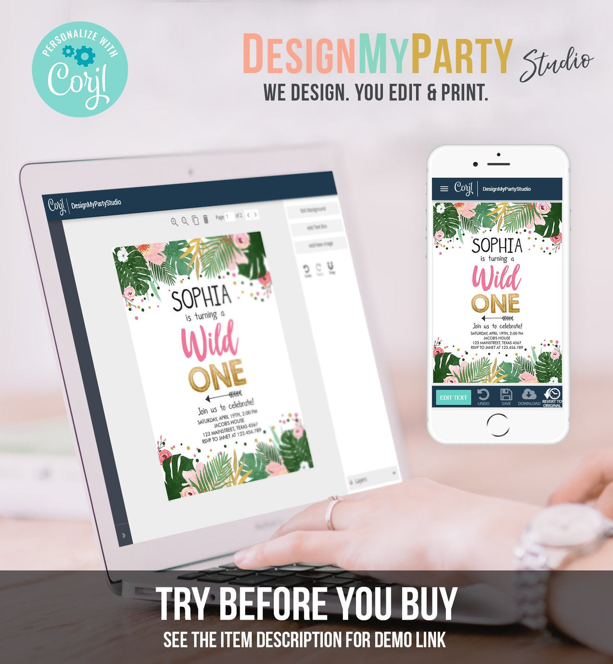 Editable Wild One Birthday Invitation Girl Safari Jungle Zoo Tropical Party Leaves Pink Gold First Birthday 1st Corjl Template 0332