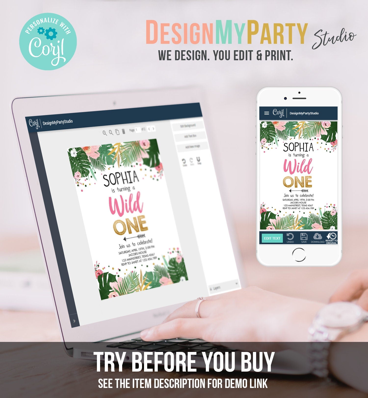 Editable Wild One Birthday Invitation Girl Safari Jungle Zoo Tropical Party Leaves Pink Gold First Birthday 1st Corjl Template 0332