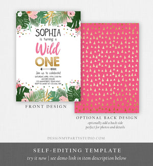 Editable Wild One Birthday Invitation Girl Safari Jungle Zoo Tropical Party Leaves Pink Gold First Birthday 1st Corjl Template 0332
