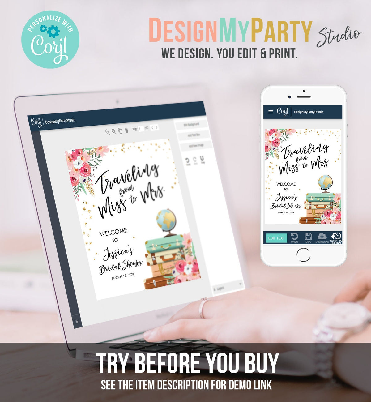 Editable Miss to Mrs Welcome Sign Bridal Shower Traveling From Miss to Mrs Adventure Love is a Journey Floral Pink Corjl Template 0030