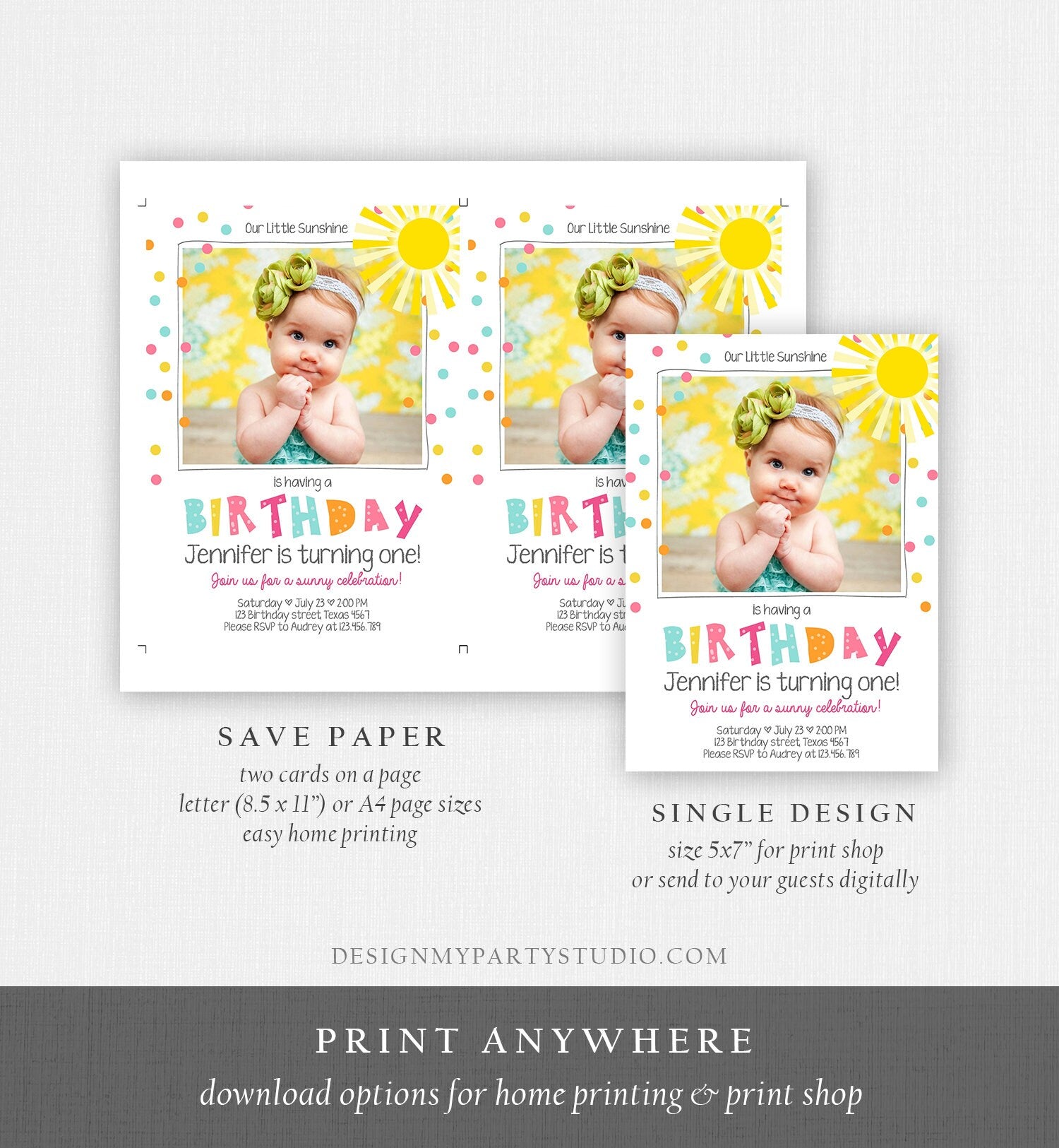 Editable Birthday Invitation Our Little Sunshine You Are My Sunshine Pink Girl Confetti Rainbow Printable Invite Template Corjl 0215