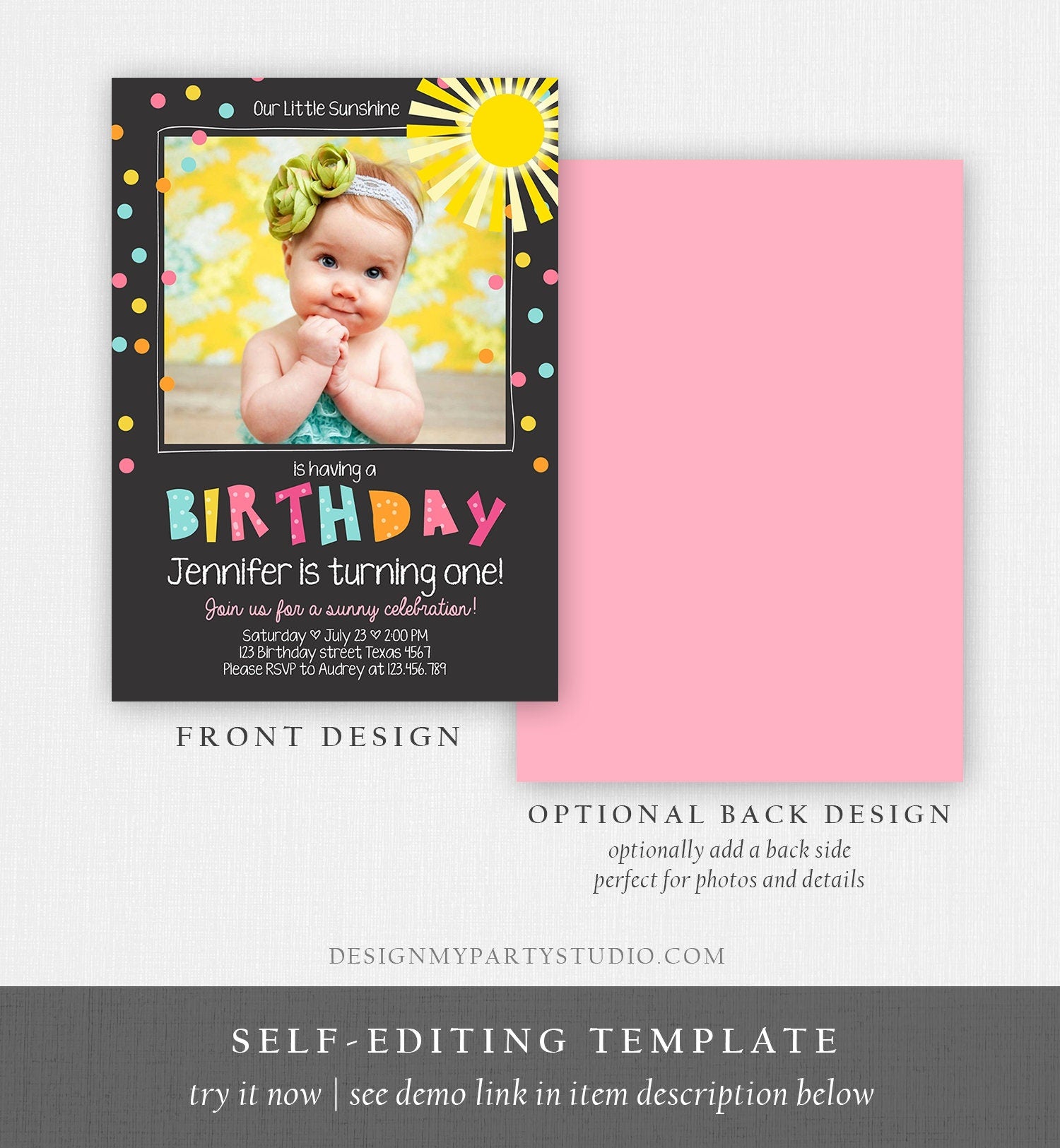 Editable Birthday Invitation Our Little Sunshine You Are My Sunshine Pink Girl Confetti Rainbow Printable Invite Template Corjl 0215