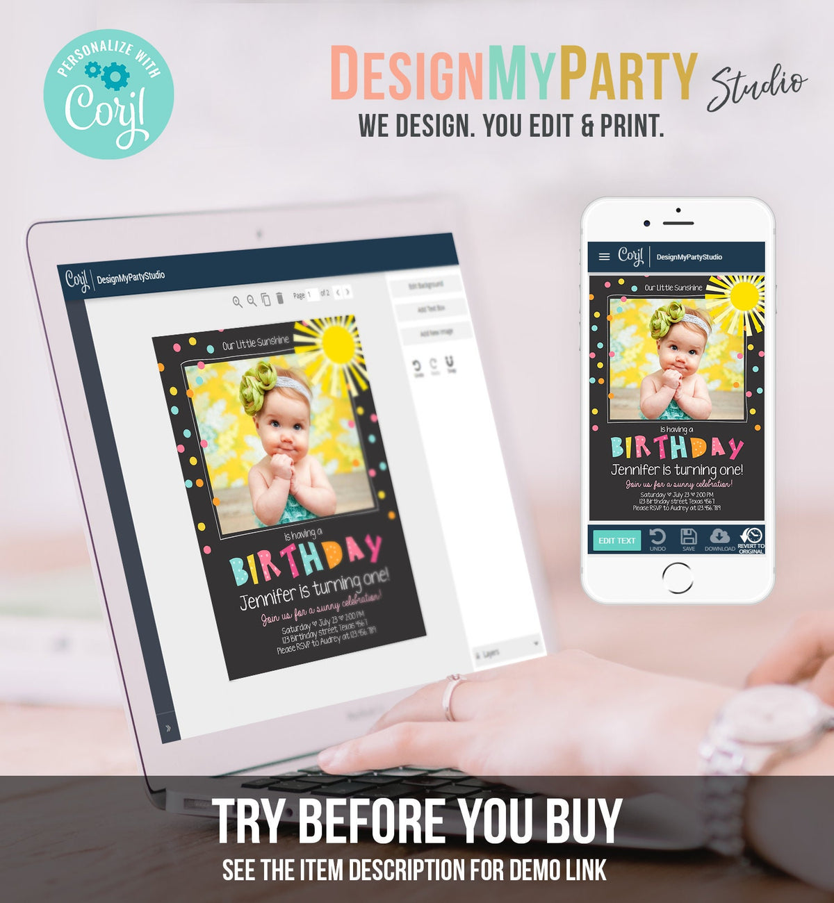 Editable Birthday Invitation Our Little Sunshine You Are My Sunshine Pink Girl Confetti Rainbow Printable Invite Template Corjl 0215