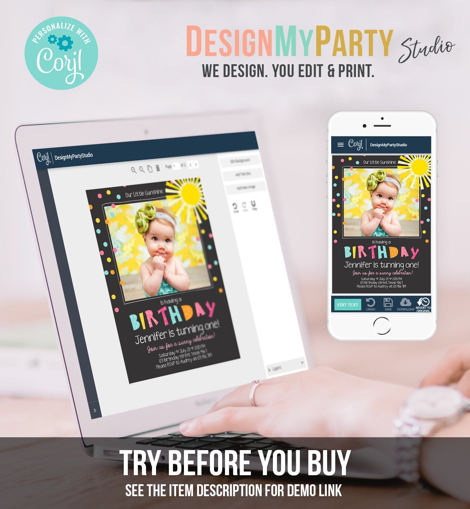 Editable Birthday Invitation Our Little Sunshine You Are My Sunshine Pink Girl Confetti Rainbow Printable Invite Template Corjl 0215