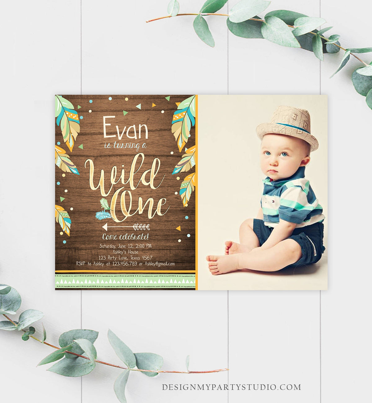 Editable Wild One Invitation Tribal Feathers Boy Green Teal Coral Mint Wood Gold First Birthday 1st Boho Photo Corjl Template Printable 0038