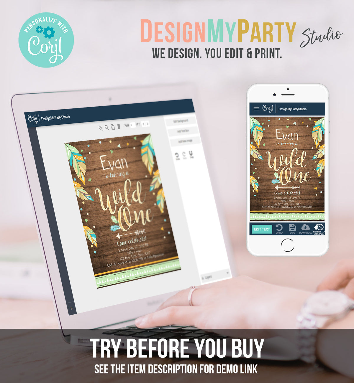 Editable Wild One Invitation Tribal Feathers Boy Green Teal Coral Mint Wood Gold First Birthday 1st Boho Photo Corjl Template Printable 0038