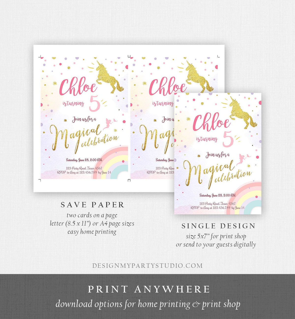 Editable Rainbow Unicorn Birthday Invitation Unicorn Magical Birthday Girl Gold Pink Instant Download Printable Template Digital Corjl 0041